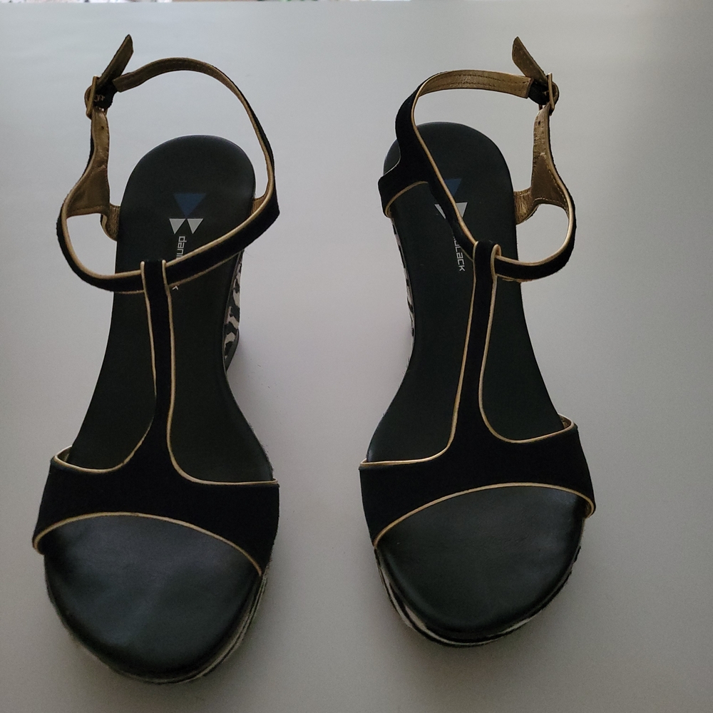 Elegant Black and Gold Women's Sandals With Faux Zebra Calf Skin Wedge Base.
